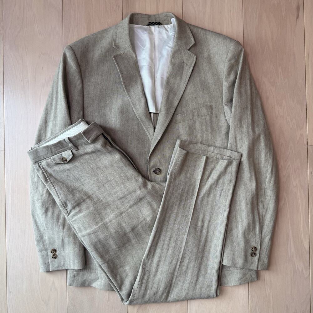 Billy Reid Suit 44R/36 Beige Cotton Linen Herringbone Minimalist New York